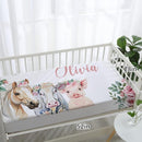 Personalized Nursery Crib Bedding Set: Custom Name Pink Floral 5 Piece Baby Crib Sets with Horse Pattern - Toddler Double Layer Blanket Set, Comfortable Crib Bed Sheets for Baby Grils by TinyTreasures Baby Boutique