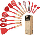 Kitchen Utensils Set, 13PCS Silicone Cooking Utensils, Heat Resistant Kitchen Utensil Spatula Set for Nonstick Cookware, Wooden Handles Kitchen Gadgets Tools Set (RED) by CozyNest Decor