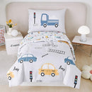PERFEMET 4 Pcs Toddler Bedding Set - Soft Reversible Cars, Bus, Trucks Print Toddler Bed Set for Boys & Girls - Matching Sheet Set (Light Grey, Taxis/Bus/Trucks) by TinyTreasures Baby Boutique