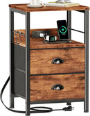 Furologee End Table with Charging Station, Nightstand with Fabric Drawers, Side Table with USB Ports & Outlets, Night Stand with Storage Shelf & Hooks, for Living Room/Bedroom, Rustic Brown by CozyNest Decor