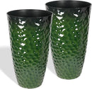 Worth Garden 14" Dia x 24" H Large Plastic Planters with Drainage Hole, Set of 2 Hammered Texture Green Glossy Smooth Finish, Tall Round Decorative Flower Plant Pot for Indoor Outdoor, Front Porch by GreenHaven Gardens