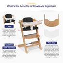 Cowiewie Natural Wooden High Chair for Babies & Toddlers 3-Tier Remove & 2 Adjustable Tray, 8 Adjustable Highchair with Cushions, Easy to Clean (Black) by TinyTreasures Baby Boutique