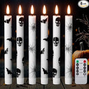 GenSwin Flameless Taper Candles with Remote Timer, 6Pcs LED Flickering Taper Candles Battery Operated Real Wax with Spider Webs/Skull/Bats Decals for Halloween Spooky Decoration (White, 0.78”x9.65”) by CozyNest Decor