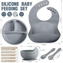 10 Pack Silicone Baby Feeding Set, Toddlers Led Weaning Feeding Supplies with Suction Baby Bowl Divided Plate Adjustable Bib Soft Silicone Spoon Fork, Infant Self Eating Utensil Set (Gray, Khaki) by TinyTreasures Baby Boutique