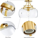 WUZUPS Chandelier Rustic Farmhouse Industrial Round Semi-flushmount Ceiling LED Light Fixture with Clear Glass Shades for Bathroom Kitchen Foyer Entryway, H 11.8" x W 13.4", E26 Base, Brushed Gold by CozyNest Decor