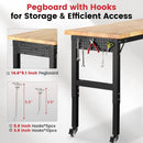 Workbench with Wheels 60 Inch Rubberwood Tabletop Garage Workbench Adjustable Height Work Bench with Pegboard, Power Outlets for Woodworking, Home, Office, Workshop by GreenHaven Gardens