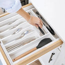 Premium Silverware, Flatware and Utensil Organizer for Kitchen Drawers, Food-Safe Contract Grade, Expandable from 14.5 to 25 In, White Bamboo by CozyNest Decor