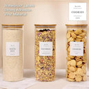 3 Pack Glass Jar with Airtight Bamboo Lid and White 132 Kichen Pantry Labels Preprinted - 56 Oz Clear Tall Glass Food Storage Containers set For Pasta Flour Cookie Rice by CozyNest Decor