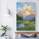 The mountain stream and lawn scenery under the sun is suitable for posting in the living room bedroom office landscape poster wall painting by CozyNest Decor
