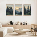 HLNIUC Mountain Forest Sun Framed Wall Art,Large Boho Pine Tree Canvas Wall Decor Set of 3(16”x24”)Ridge Mountain Landscape Picture Prints,Natural Sunset Woodland Wall Painting for Living Room,Bedroom by CozyNest Decor