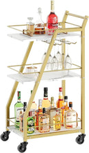 Bar Cart, Gold Bar Cart for The Home, Small Bar Cart on Wheels, Beverage Cart, Home Bar Serving Cart with Glass Holder, Drink Cart for Bar, Kitchen, Dining, Marble White and Gold BC03DW by CozyNest Decor