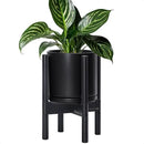 D'vine Dev Ceramic Planter with Ebony Stand - 8 Inch Modern Round Flower Pot with Wood Planter Holder, Black, 55-B-M-2 by CozyNest Decor