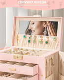 AKOZLIN Large 4-Tier Jewelry Box Leather Jewelry Storage Organizer with 3 Drawers Lockable for Women Girls Ring Necklace Earring Bracelet Watches Holder with Mirror Pink by TinyTreasures Baby Boutique