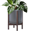 D'vine Dev Ceramic Planter with Walnut Color Stand - 12 Inch Modern Round Flower Pot with Wood Planter Holder, Grey, 55-B-W-3 by CozyNest Decor