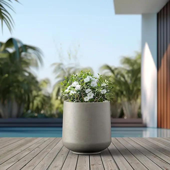 Kante 15.3" Dia Round Concrete Planter, Outdoor Indoor Large Plant Pots Containers with Drainage Hole and Rubber Plug for Home Garden Patio, Buff Concrete, photo 5 of 6