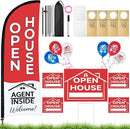 44 Pcs Open House Signs for Real Estate Agent Supplies, Double Sided Open House Flag with Poles Kit, 7.6 x 5.4 Ft Red Opening Sign Banner Set, 5 Pack Yard Signs with Metal Stakes 30 Balloons by CozyNest Decor