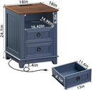 18" Farmhouse Night Stands Set of 2 with Charging Station, 2 Drawers End Table Dresser for Bedroom, Blue Wooden Nightstand, Bed Side Table with Open Shelf, Bedside Cabinet for Living Room by CozyNest Decor