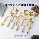 Gold Kitchen Utensils Set, 12 PCS Brass Matte Serving Utensils, 18/10 Stainless Steel All Metal Cooking Tools - Potato Masher, Tongs, Meat Fork, Spatula, Turner, Ladle, Skimmer, Spaghetti Spoon Set by CozyNest Decor