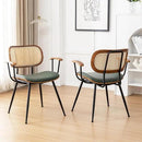 Rattan Dining Room Chairs Set of 2,Mid Century Modern Kitchen Side Chairs,Metal Legs Desk Chair,Faux Leather Accent Chair with Arms and Rattan Backrest Green PU by CozyNest Decor