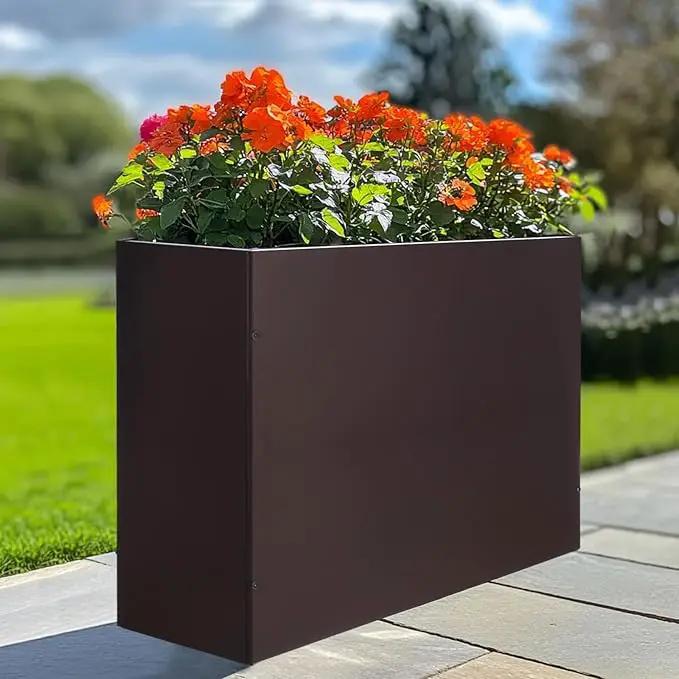 Metal Rectangular Planter Box Tall Planters for Outdoor Plants Modern Heavy Duty with Drainage Holes for Outside Indoor Patio Deck - Brown, 32”x 12”x 24”, photo 5 of 6