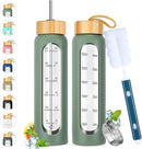 32 oz Glass Water Bottle with Straw - Motivational Time Marker & Silicone Sleeve - Reusable Tumbler Includes 2 Bamboo Lids & Fruit Infuser - 1 Pack by CozyNest Decor