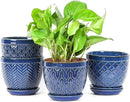 Sureasy Ceramic Indoor Plant Pots - 5.6 Inch Flower Pots for Plants with Drainage Hole and Saucer, Embossed Planter for Succulents, Orchid, Cactus, Indoor Home Decor, Set of 4, Blue by GreenHaven Gardens