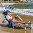 #WEJOY Folding Lounge Chair with Canopy Shade, Portable Adjustable 5-Position Patio Chaise Lounger with Pillow & Pouch for Lay Flat Outdoor Lawn Backyard Beach Camping Pool Tanning (Blue White)