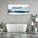 Indigo Framed Canvas Wall Art Misty Mountain Wall Pictures Foggy Lake Boat Canvas Painting Prints Forest Birds Canvas Wall Decor for Living Room Bedroom Decorations Natural Framed 24" x 48" by CozyNest Decor