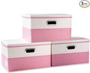 PRANDOM Large Collapsible Storage Bins with Lids [3-Pack] Fabric Foldable Storage Boxes Organizer Containers Baskets Cube with Cover for Home Bedroom Closet Office Pink&Cream(17.7x11.8x11.8) by TinyTreasures Baby Boutique
