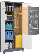Garage Storage Cabinet,Broom Closet with Lock,Locking Cabinets with Hanging Rod & S-Hooks for School,Garage,Grey-White by CozyNest Decor
