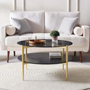 Round Coffee Table for Living Room, Mid-Century Modern Design, D30 x H17, 2-Tier Structure, Grey Glass Top and Black Marble Finish Wood Shelf, Sleek Conical Metal Legs with Gold Finish Frame by CozyNest Decor