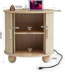 Farmhouse Round End Table with Charging Station, 24" Large Fluted Sofa Side Table with Sliding Tambour Door & Storage, Mid-Century Wood Nightstand for Living Room, Bedroom (Natural) by CozyNest Decor