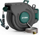 AYURA Retractable Garden Hose Reel 100 ft x 1/2 inch with Pro Metal Shaft, Heavy Duty Automatic Garden Hose Reels with Kink-Free Rewind and Lock at Any Length, Wall Mount Water Hose Reel for Outside by GreenHaven Gardens