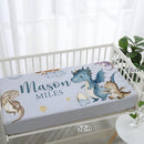 Personalized Baby Crib Bedding Set for Baby Boys Girls, Blue Dinosaur Design Custom Name Baby Crib Sets 5-Pcs, Toddler Double Layer Blanket Fitted Sheets Changing Pad Cover Rug Wall Art Set by TinyTreasures Baby Boutique