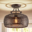 WUZUPS Chandelier Rustic Farmhouse Industrial Round Semi-flushmount Ceiling LED Light Fixture with Later-Cut Openwork Drum Shade, H 11.8" x W 13.4", Oil Rubbed Bronze by CozyNest Decor