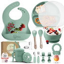 O'doe 17-Piece BPA-Free Silicone Baby Feeding Set | Thick & Soft Suction Plates, Baby Bowls, Wooden Fork & Spoon, and More | Make Mealtime Fun and Easy for Your Little One (Green, V2) by TinyTreasures Baby Boutique