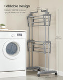 SONGMICS Clothes Drying Rack 3-Tier, Foldable Laundry Drying Rack 58.3-Inch Tall, Stainless Steel, Rolling Clothes Horses, Clothes Airer, Indoor Outdoor Use, Dove Gray ULLR702G01 by TinyTreasures Baby Boutique