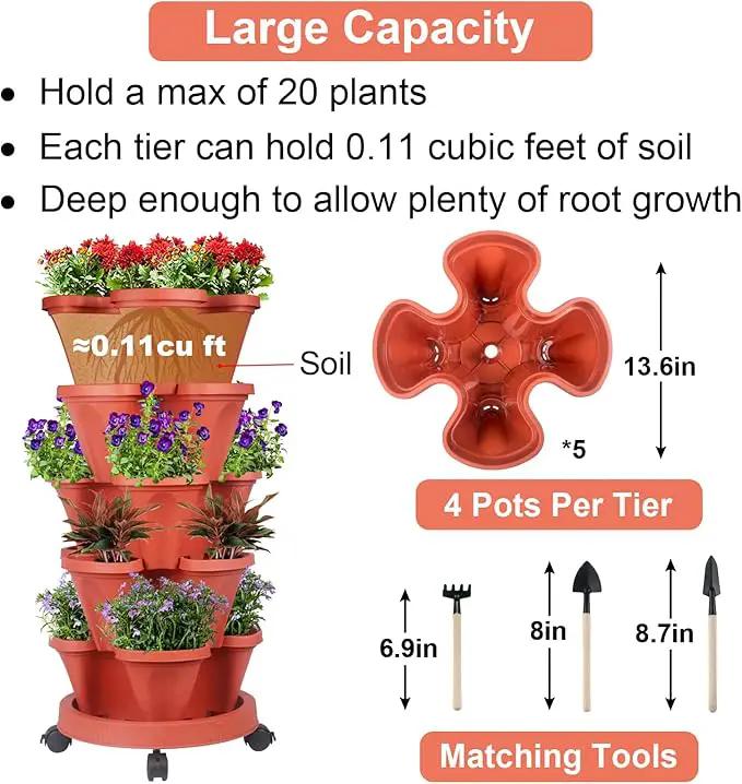 Vertical Planter 5 Tier Stackable Planters Garden Planters Strawberry Herb Flower and Vegetable Planter Indoor Outdoor Gardening Pots with Removable Wheels and Tools 2-Pack, photo 5 of 8