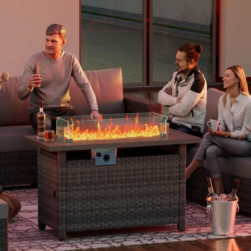 44" Fire Pit Table with Wind Guard for Outdoor, Auto-Ignition Propane Gas Firepits Rattan Rectangular Table for Outside Patio 60,000 BTU, Gray, photo 6 of 6