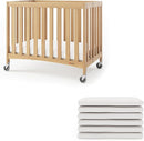 Foundations Compact Travel Sleeper Folding Hotel Crib and Sheet Bundle - Includes Wooden Mini Crib with 2" Foam Mattress (Natural) and 6-Pack White Fitted Compact Sheets by TinyTreasures Baby Boutique