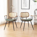 Rattan Dining Room Chairs Set of 2,Mid Century Modern Kitchen Side Chairs,Metal Legs Desk Chair,Faux Leather Accent Chair with Arms and Rattan Backrest Green PU by CozyNest Decor