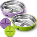 Nuogo 2 Pcs Stainless Steel Baby Suction Plates with Removable Silicone Shell 2-in-1 Metal Toddler Bowl Divided for Picky Eaters Kids Feeding Led Weaning Supplies, Dishwasher Safe (Purple,Green) by TinyTreasures Baby Boutique