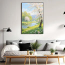 The scenery of a stream between trees and cherry blossoms under the blue sky is suitable for posting in the living room bedroom office landscape posters by CozyNest Decor