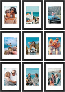 Vittanly 8x12 Picture Frames Set of 9, Shatter Resistant Plexiglass, Display 6x8 Pictures with Mat or 8x12 without Mat, Photo Frames for Wall or Tabletop, Engineered Wood, Black by CozyNest Decor