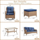 Wicker Outdoor Furniture Patio Furniture Set - 6 Piece Patio Conversation Set with Swivel Rocker Chairs, Rattan Sofa, Ottomans and Coffee Table, Blue Cushion by GreenHaven Gardens