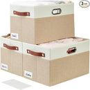 Large Collapsible Fabric Storage Bins with 3 Handles, Foldable Organizer Baskets for Closet, Shelves, Living Room | 3 Pack, Durable PU & Metal Handles (14.9"x9.8"x9.8", Beige & White) by TinyTreasures Baby Boutique
