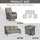 Outdoor Patio Furniture Set with 50000BTU Propane Fire Pit Table, 4 Pieces Wicker Patio Conversation Set with 2 Swivel Rocker Glider Chairs Rattan Sofa Grey Cushion Perfect for Gathering by GreenHaven Gardens