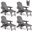 Folding Adirondack Chair Set of 4 with Adjustable Backrest, Adirondack Chair with Retractable Ottoman with 2 Cup Holders, for Pool Deck Beach Garden, Grey by GreenHaven Gardens
