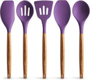 Zulay Kitchen Non-Stick Cooking Utensils Set with Authentic Acacia Wood Handles – 5-Piece Durable & Stylish Silicone Kitchen Utensils Set – Heat Resistant to 464°F – Purple by CozyNest Decor