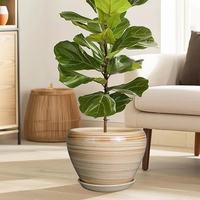 Ceramic Pot for Plant 10 Inch - Planter for Outdoor Plants Indoor Plant Pot with Drainage Hole Large Planter Round Flower Pot for House Patio Garden Yellow, photo 2 of 7
